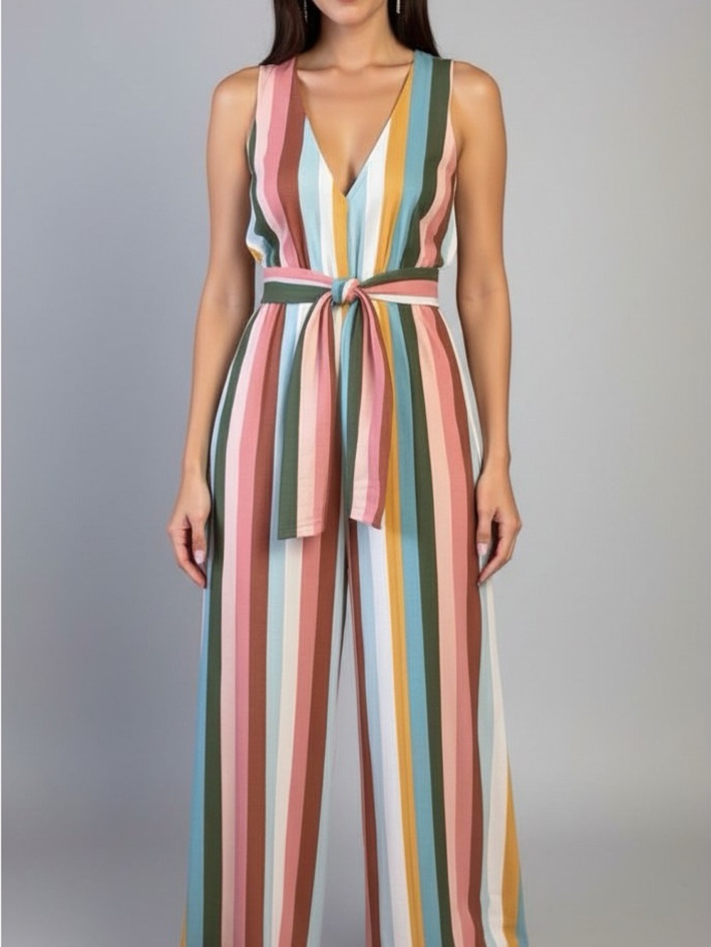 Multicolored Striped V-Neck Wide-Leg Jumpsuit with Waist Tie
